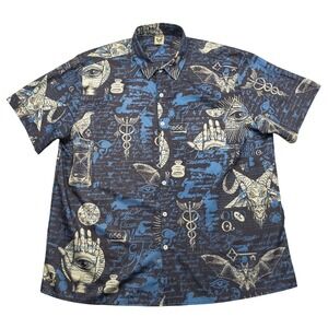 Harddaddy Mens XL Occult Alchemy Print Button Down Shirt Blue Baphomet Goth XL